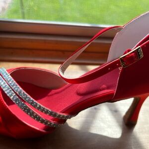 Chic Red Satin Heels with Rhinestone Straps Women’s EU 40, Size 9 NIB